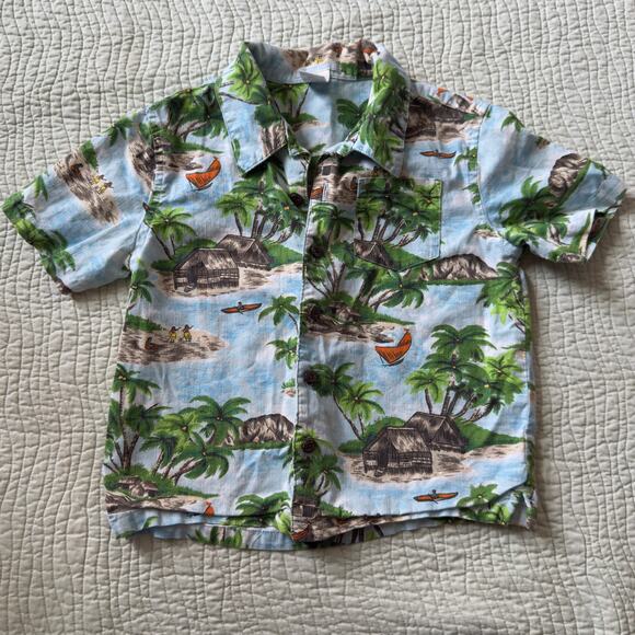 Janie and Jack Hawaiian Vacation Button Up Kids Short Sleeve Shirt Palm Tree - Picture 1 of 6